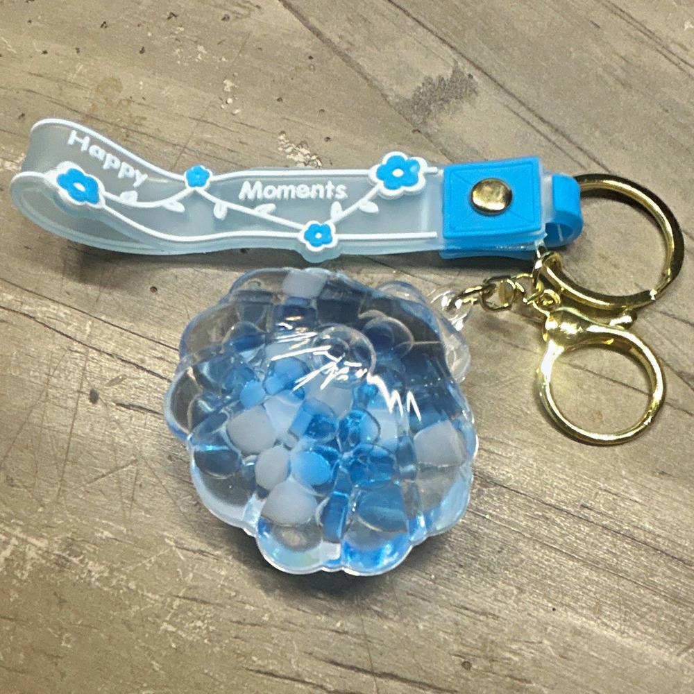 Happy Moments Floral Strap Keychain Detachable Keyring Blue/Clear Plastic